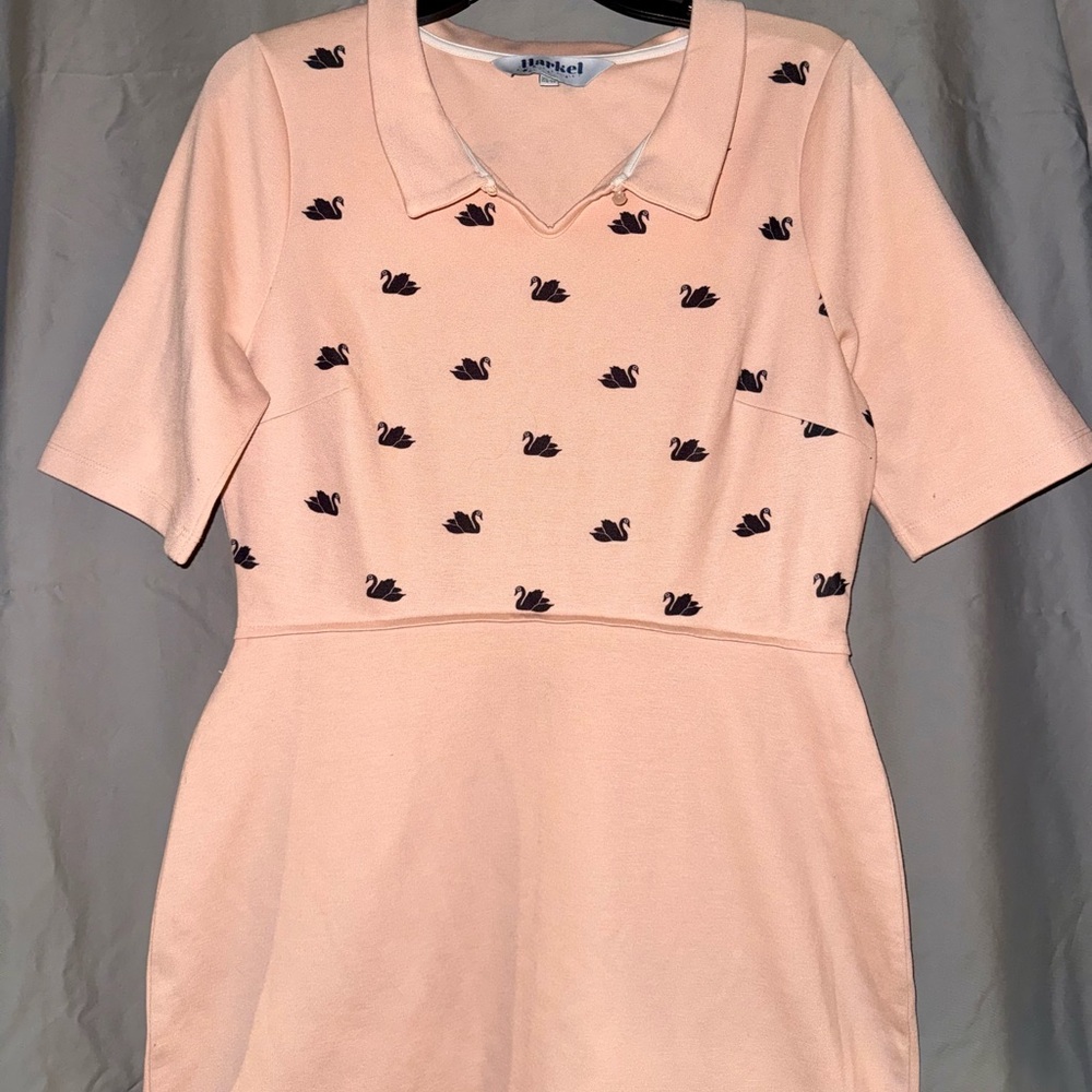 Peach Collared Knit Dress with Swan Print
